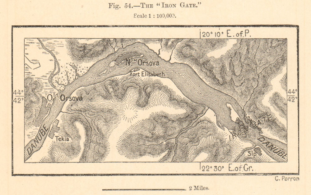The Iron Gate. Orsova Danube. Romania Serbia. Sketch map 1885 old antique